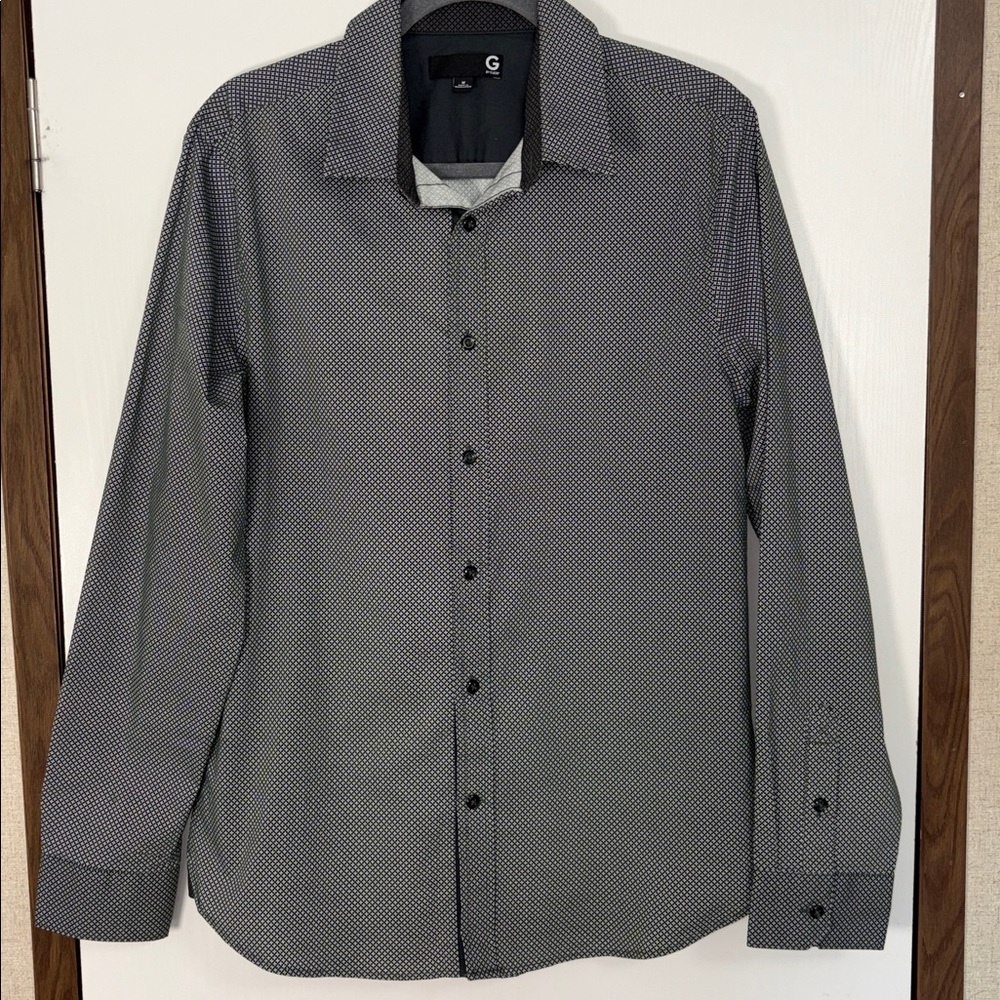 G by Guess  Green Black Micro Print Button Up Designer Upscale Business Formal